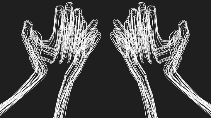 Two white line drawn hands that rise upwards on a dark background