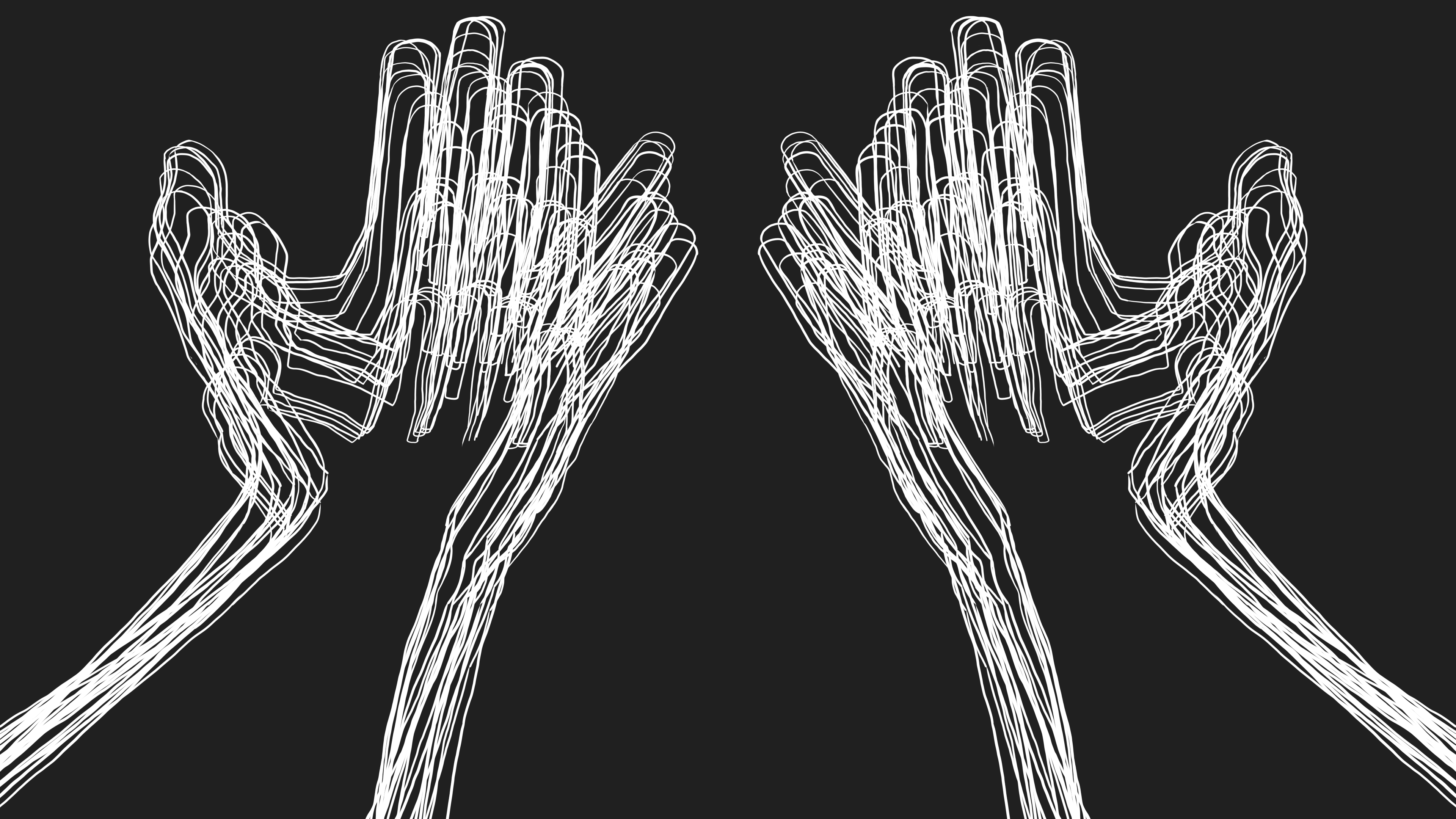 Two white line drawn hands that rise upwards on a dark background