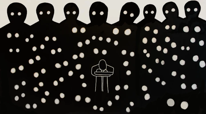 A figure surrounded by silhouettes with glowing eyes.