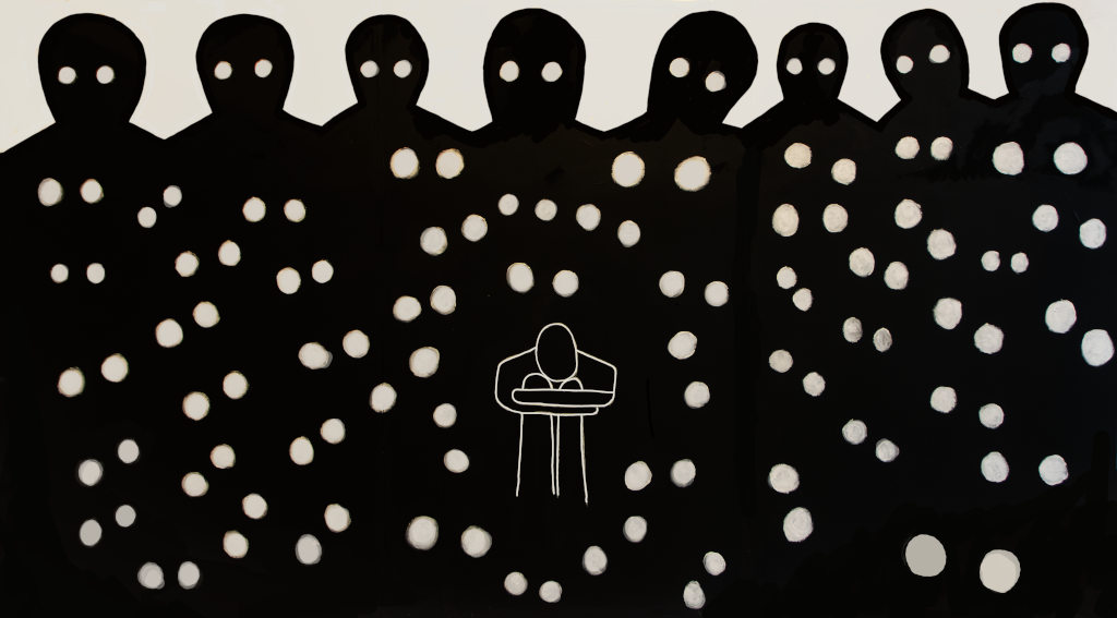 A figure surrounded by silhouettes with glowing eyes