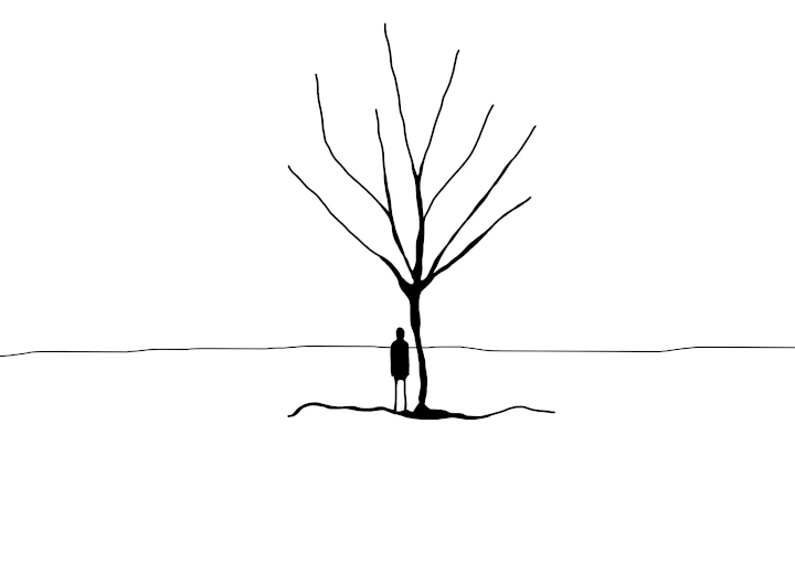 A silhouette of a human looking off in to a white void stood next to a black tree