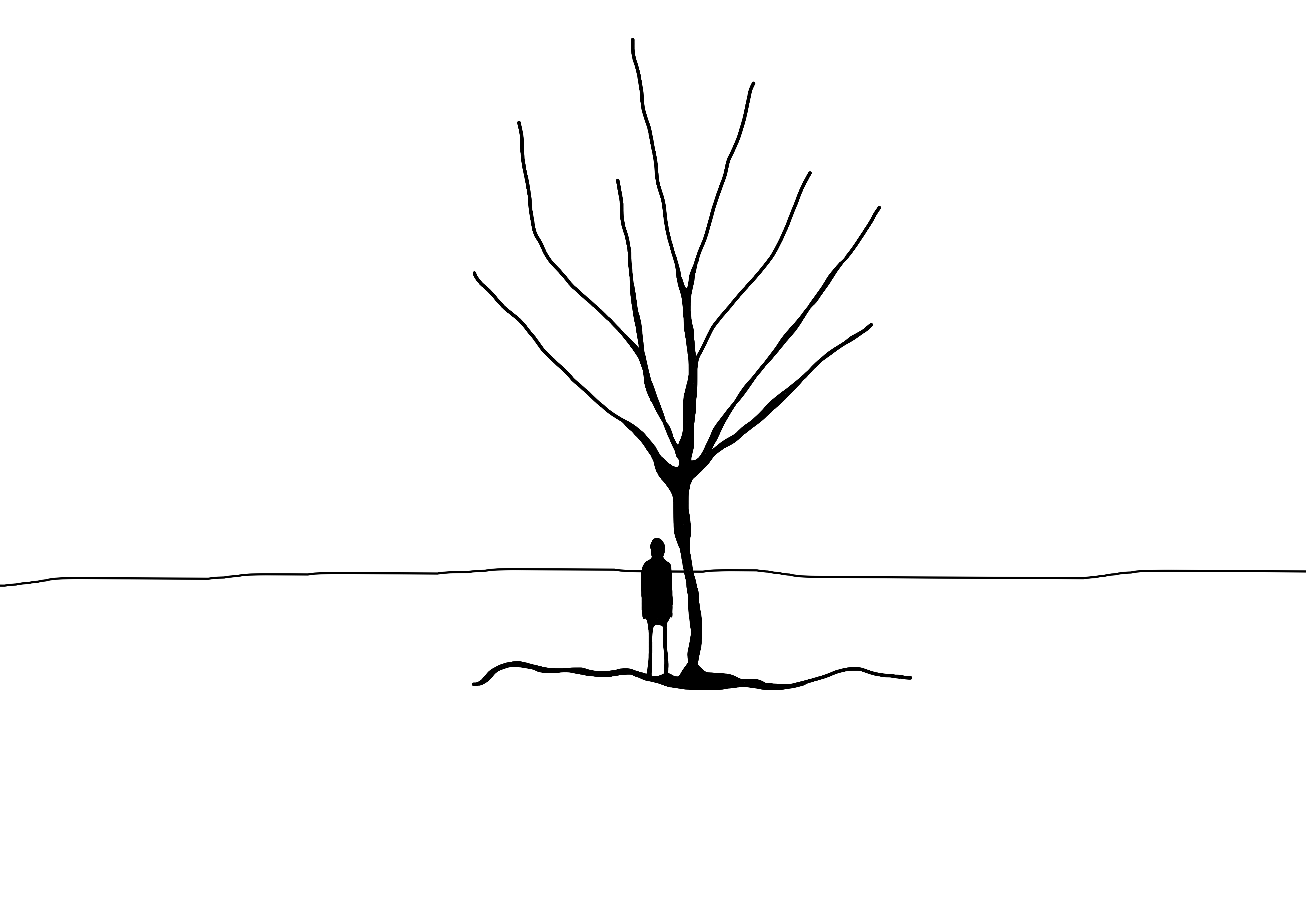 A silhouette of a human looking off in to a white void stood next to a black tree