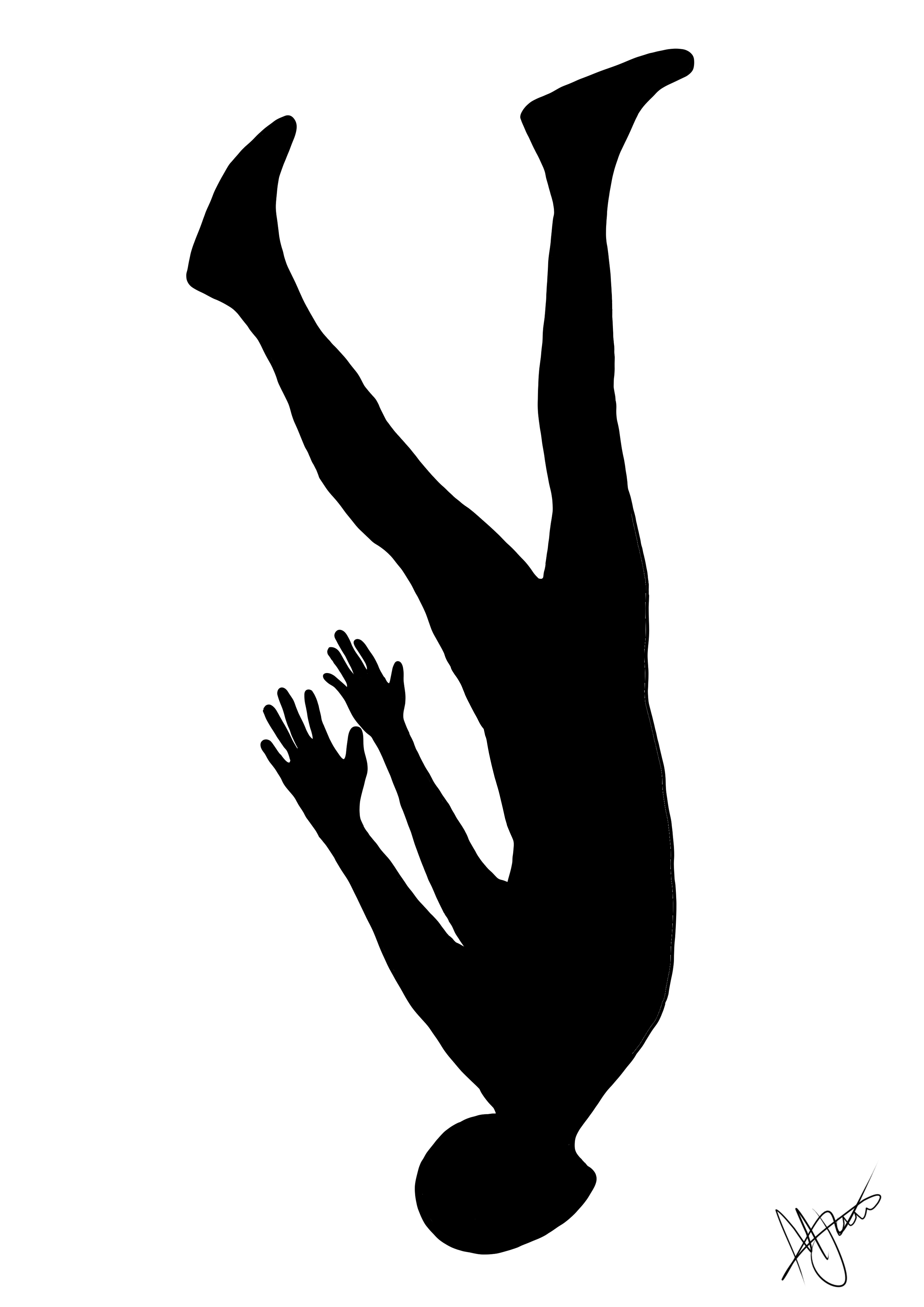 A silhouette of a human figure falling through a white void