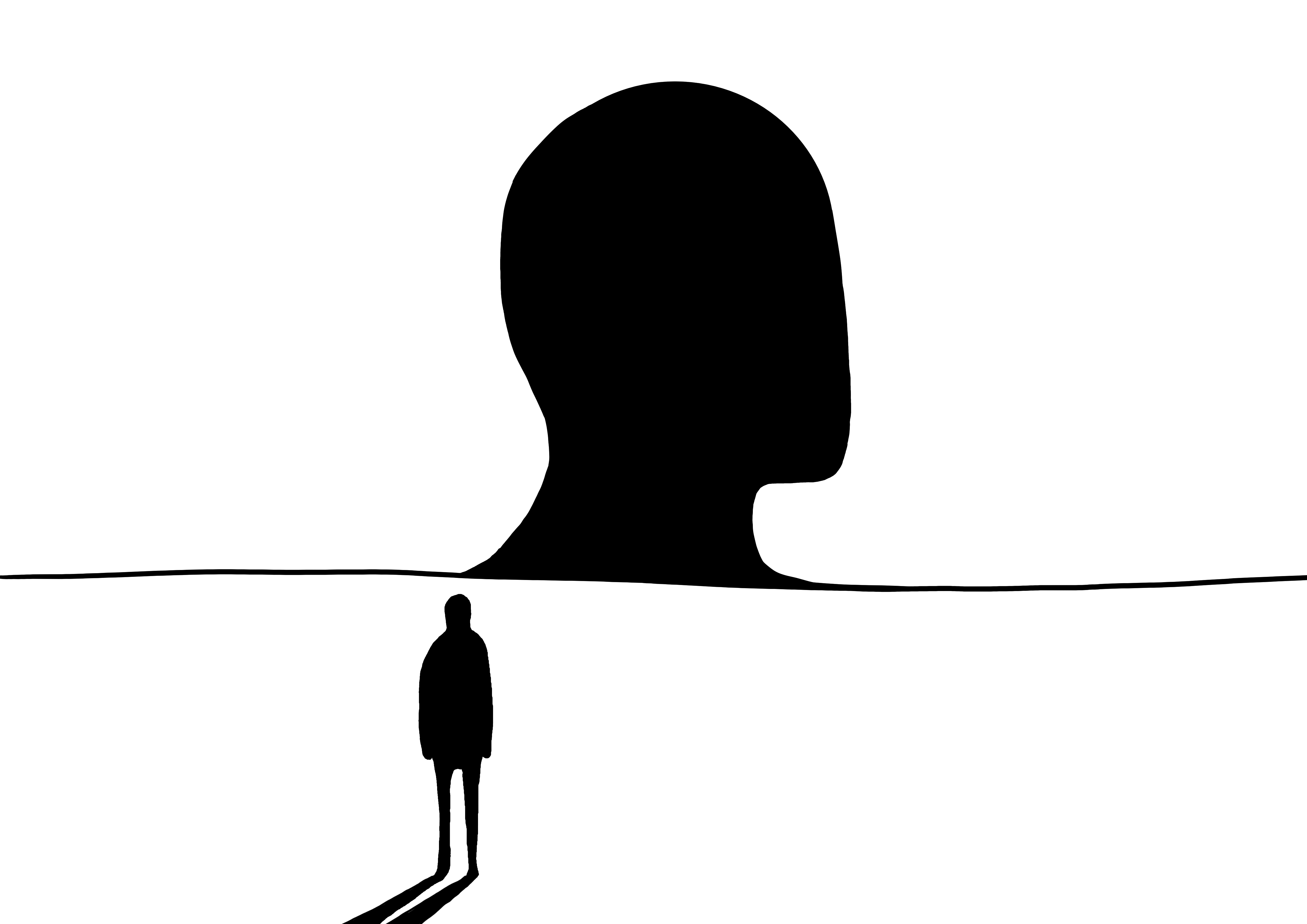 A silhouette of a human, looking at the silhouette of a head in a white void