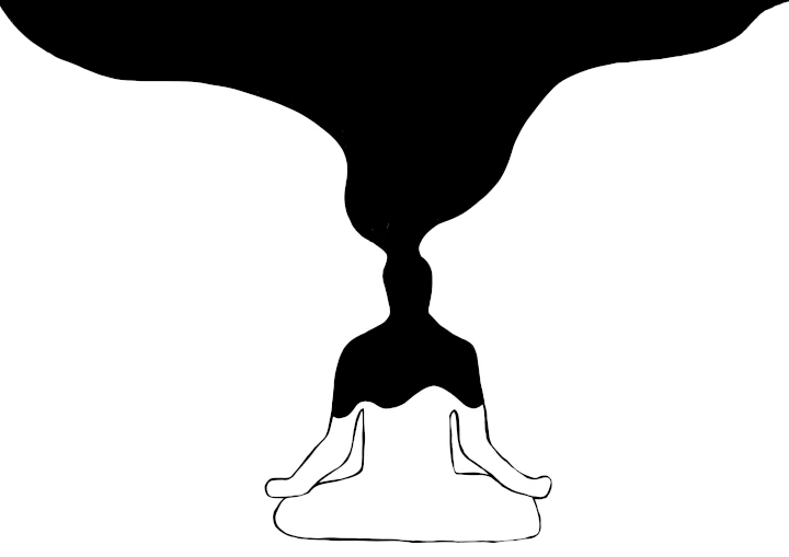 A human meditating facing the sky breathing out a black smoke